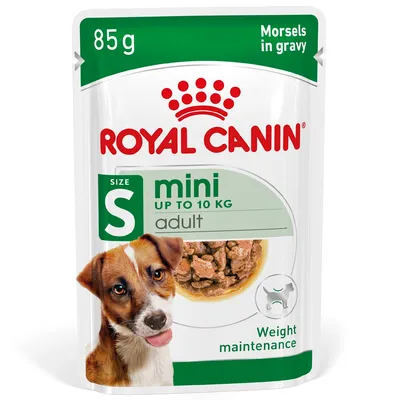 Plic 85 g Royal Canin mini adult, size S, up to 10 kg, weight maintenance, Morsels in gravy. Imagine cu un câine și hrană umedă vizibilă pe ambalaj.