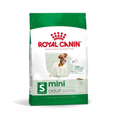 Royal Canin mini adult hondenvoer, size S tot 10 kg, voor honden ouder dan 10 maanden. Tekst: Weight maintenance, optimal health support. Afbeelding van kleine hond op verpakking.