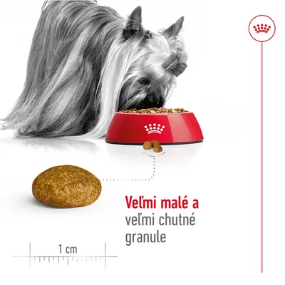Pes pri červenej miske s granulami, detail granule veľkosti 1 cm. Text: Veľmi malé a veľmi chutné granule.