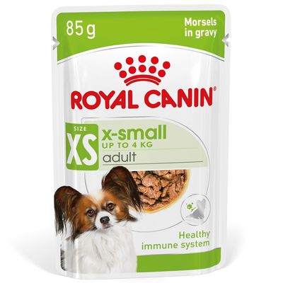 ROYAL CANIN x-small adult op til 4 kg, 85 g, Morsels in gravy, Healthy immune system. Billede af vådfoder og lille hund på emballagen.