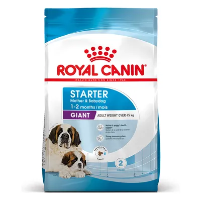Royal Canin Starter Mother & Babydog Giant, 1–2 months, para cães adultos com mais de 45 kg. Texto visível: suporte à saúde da mãe e cachorro, sistema imunitário forte.