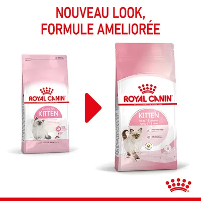 ROYAL CANIN KITTEN, nouveau look, formule améliorée. Ancien et nouveau paquet visibles, texte : Kitten up to 12 months jusqu’à 12 mois.