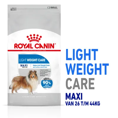 Royal Canin Light Weight Care Maxi hondenvoer, zichtbaar: geschikt voor honden van 26 t/m 44 kg, claim: helpt gewichtstoename beperken, 90% behaalde gezonder gewicht.
