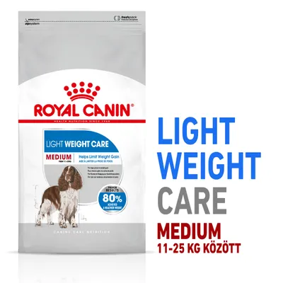 Royal Canin Light Weight Care Medium kutyatáp csomagolás, látható szöveg: LIGHT WEIGHT CARE MEDIUM 11–25 kg között, 80% achieved a healthier weight