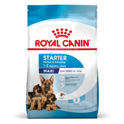 Royal Canin Starter Mother & Babydog Maxi 1–2 months, poids adulte 26–44 kg, sac avec chienne et chiots, mentions : soutien santé, système immunitaire fort, croquettes réhydratantes.