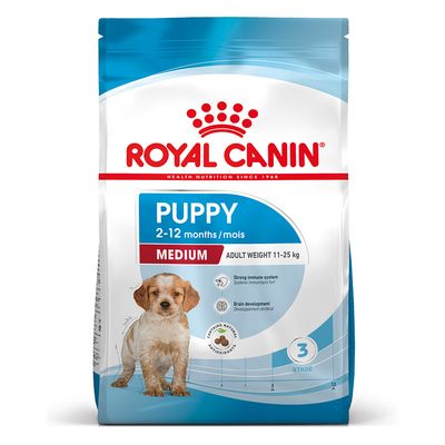 Royal Canin Puppy Medium 2–12 months, felnőtt súly 11–25 kg. Erős immunrendszer, agyfejlődés, természetes antioxidánsok. 3. szakasz.