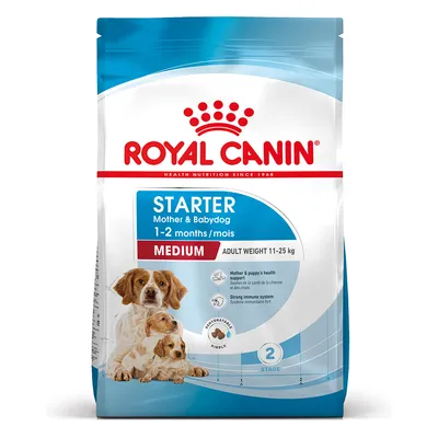 Royal Canin Starter Mother & Babydog Medium, 1–2 months, peso adulto 11–25 kg. Imagen de perra y cachorro. Texto en inglés sobre salud e inmunidad. Envase azul y blanco. Royal Canin Starter Mother & Babydog Medium, 1–2 months, peso adulto 11–25 kg. Imagen de perra y cachorro. Texto en inglés sobre salud e inmunidad. Envase azul y blanco.