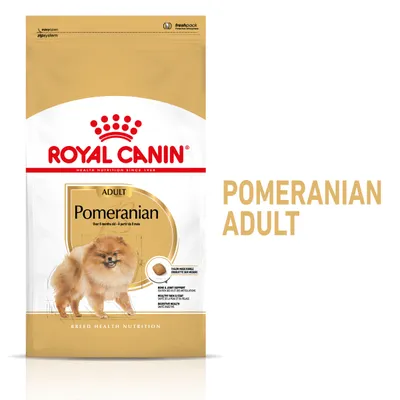 Royal Canin Adult Pomeranian hondenvoer, afbeelding van een Pomeranian, tekst: over 8 months old, bone & joint support, healthy skin & coat, digestive health, tailor-made kibble.