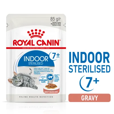 Royal Canin Indoor Sterilised 7+ years, gravy, suitable for sterilised cats over 7 years old. Vitality and renal health highlighted. 85g pouch.