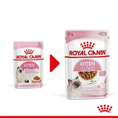 Две опаковки Royal Canin Kitten 85 г, показващи промяна в дизайна. Видим текст: 'Kitten up to 12 months', 'in gravy', изображение на коте и купичка с храна.