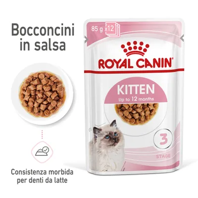 Royal Canin Kitten Up to 12 months, bocconcini in salsa, 85 g x12, consistenza morbida per denti da latte, confezione con immagine di un gattino e numero 3 stage