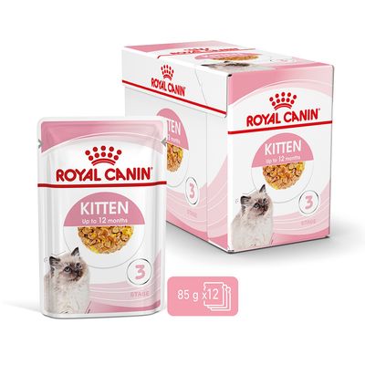 Royal Canin Kitten Up to 12 months, 3 Stage. Pakke med 12 poser à 85 g. Billede af kattekilling på emballagen.