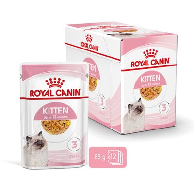 Pachet Royal Canin Kitten Up to 12 months, 3 Stage, 12 plicuri a 85 g. Imagine cu ambalajul și cutia, text vizibil: 'ROYAL CANIN', 'KITTEN Up to 12 months', '3 STAGE', '85 g x12'.