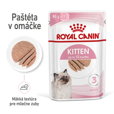 Royal Canin Kitten paštéta v omáčke, 85 g x12, pre mačiatka do 12 mesiacov, mäkká textúra pre mliečne zuby, obrázok mačky a paštéty na obale.