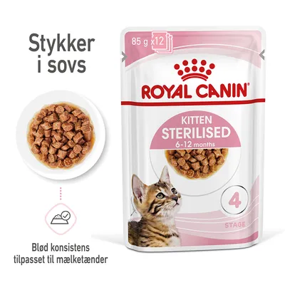 Royal Canin Kitten Sterilised 6–12 months, 85 g x12. Stykker i sovs. Blød konsistens tilpasset til mælketænder. Billede af vådfoder og killing på emballagen.