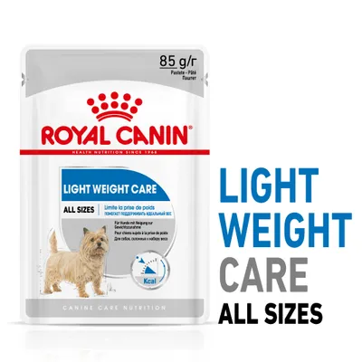 Royal Canin Light Weight Care, 85g. All sizes. Product for weight management with calorie information and a small dog image on the packaging.