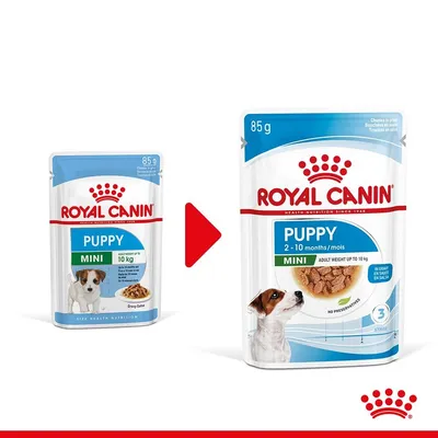 Промяна на опаковката: Royal Canin Puppy Mini 85 г, за кученца до 10 кг. Новата опаковка показва възраст 2–10 месеца и съдържание в сос. Видими са марката и продуктът.