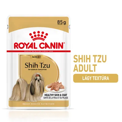ROYAL CANIN Shih Tzu Adult 85 g, lágy textúra, felnőtt shih tzu kutyáknak. Healthy skin & coat felirat a csomagoláson. ROYAL CANIN Shih Tzu Adult 85 g, lágy textúra, felnőtt shih tzu kutyáknak. Healthy skin & coat felirat a csomagoláson.
