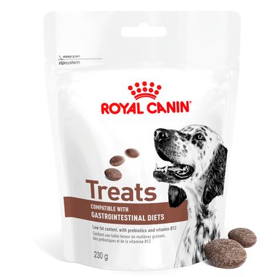 Treats compatible with gastrointestinal diets, low fat content, with prebiotics and vitamin B12, 230g pack. Easy open zipsystem shown on packaging.
