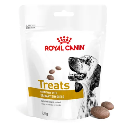 Treats compatible with urinary S/O diets, optimised mineral content, 230g pack. Image shows brown treats and product packaging.