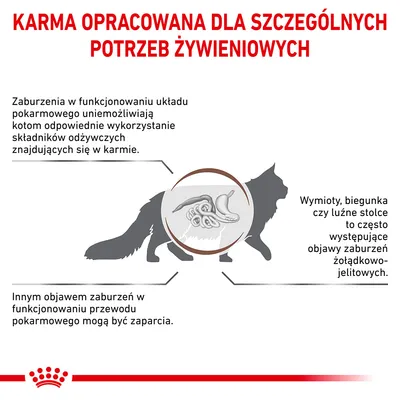 Karma opracowana dla szczególnych potrzeb żywieniowych. Objawy zaburzeń układu pokarmowego u kotów: wymioty, biegunka, luźne stolce, zaparcia, trudności z wykorzystaniem składników odżywczych.