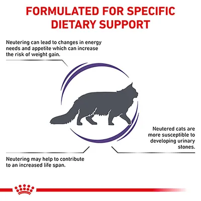 FORMULATED FOR SPECIFIC DIETARY SUPPORT. Neutering can lead to changes in energy needs and appetite which can increase the risk of weight gain. Neutered cats are more susceptible to developing urinary stones. Neutering may help to contribute to an increased life span. (angol nyelvű szöveg)