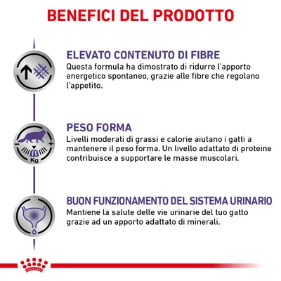 Benefici del prodotto: elevato contenuto di fibre, peso forma, buon funzionamento del sistema urinario. Testo descrittivo su fibre, grassi, calorie, proteine e minerali per gatti.