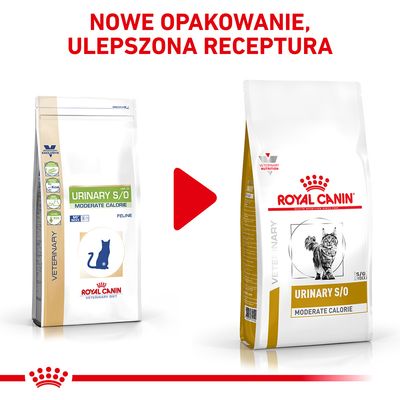 Nowe opakowanie i ulepszona receptura karmy Royal Canin Urinary S/O Moderate Calorie dla kotów. Po lewej stare, po prawej nowe opakowanie z widocznymi nazwami i grafiką kota.