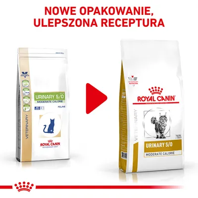 Nowe opakowanie i ulepszona receptura karmy Royal Canin Urinary S/O Moderate Calorie dla kotów. Po lewej stare, po prawej nowe opakowanie z widocznymi nazwami i grafiką kota.