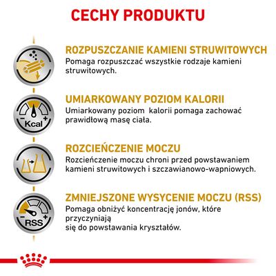 Cechy produktu: rozpuszczanie kamieni struwitowych, umiarkowany poziom kalorii, rozcieńczenie moczu, zmniejszone wysycenie moczu (RSS).