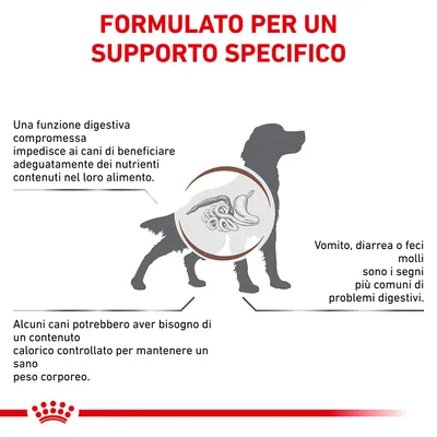 FORMULATO PER UN SUPPORTO SPECIFICO. Una funzione digestiva compromessa impedisce ai cani di beneficiare dei nutrienti. Vomito, diarrea o feci molli sono segni comuni. Contenuto calorico controllato.