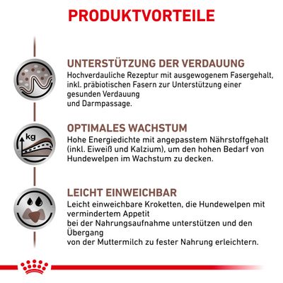 Produktvorteile: Unterstützung der Verdauung, optimales Wachstum mit hoher Energiedichte und leicht einweichbare Kroketten für den Übergang von Muttermilch zu fester Nahrung.