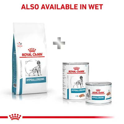 Royal Canin Hypoallergenic -kuivaruoka ja märkäruokapurkit koirille. Teksti: ALSO AVAILABLE IN WET.