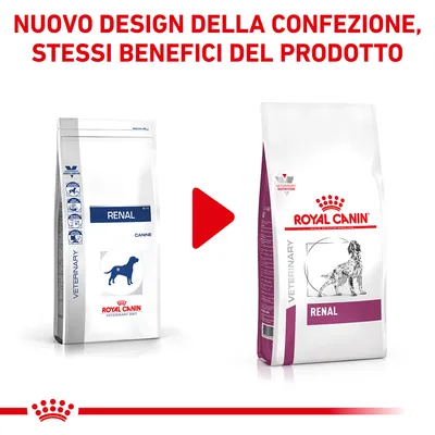 Nuovo design della confezione Royal Canin Renal per cani, stessi benefici del prodotto. Immagine delle due confezioni affiancate con freccia rossa tra loro.