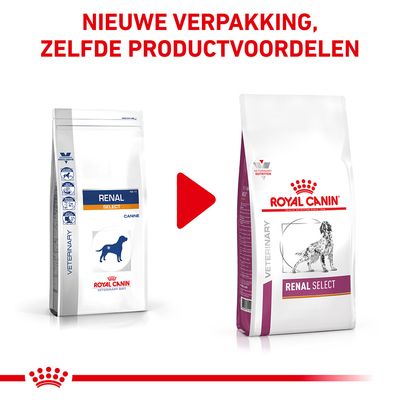 Royal Canin Renal Select hondenvoer: oude en nieuwe verpakking naast elkaar, met tekst 'Nieuwe verpakking, zelfde productvoordelen' bovenaan.