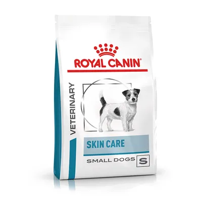 Royal Canin Veterinary Skin Care Small Dogs S, image of a small dog on white packaging with blue and red text
