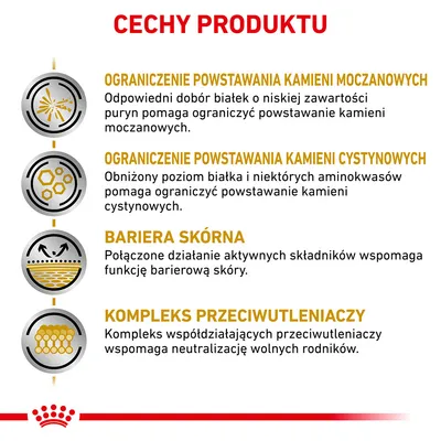 Cechy produktu: ograniczenie powstawania kamieni moczanowych i cystynowych, bariera skórna, kompleks przeciwutleniaczy. Szczegóły dotyczą doboru białek i składników aktywnych.