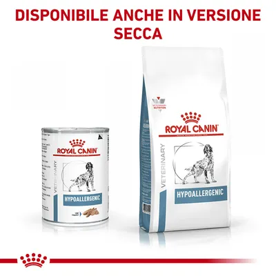 Cibo per cani Royal Canin Veterinary Hypoallergenic, disponibile in versione secca e umida. Testo visibile: DISPONIBILE ANCHE IN VERSIONE SECCA.