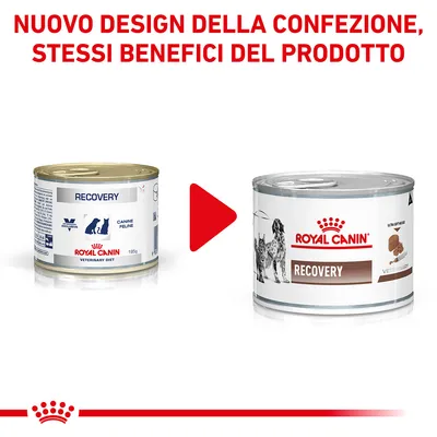 Nuovo design della confezione Royal Canin Recovery, stessi benefici del prodotto. Immagine mostra la vecchia e la nuova lattina affiancate.