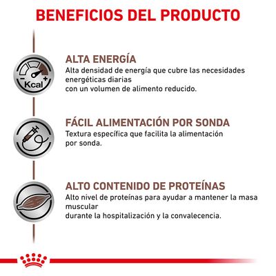 Beneficios del producto: alta energía, fácil alimentación por sonda y alto contenido de proteínas. Incluye descripciones sobre energía, textura para sonda y apoyo muscular.