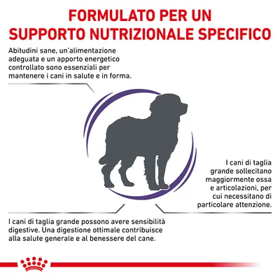 Testo: Formulato per un supporto nutrizionale specifico. Abitudini sane, alimentazione adeguata e apporto energetico controllato sono essenziali per mantenere i cani in salute e in forma.