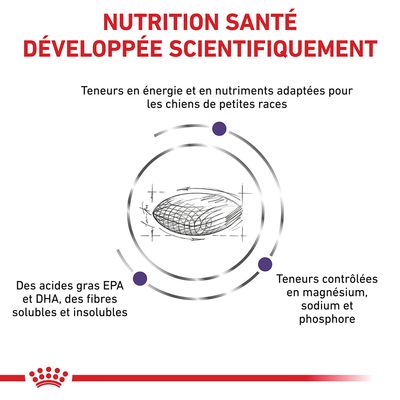 NUTRITION SANTÉ DÉVELOPPÉE SCIENTIFIQUEMENT. Teneurs en énergie et nutriments adaptées pour chiens de petites races. Acides gras EPA/DHA, fibres solubles/insolubles, magnésium, sodium, phosphore contrôlés.