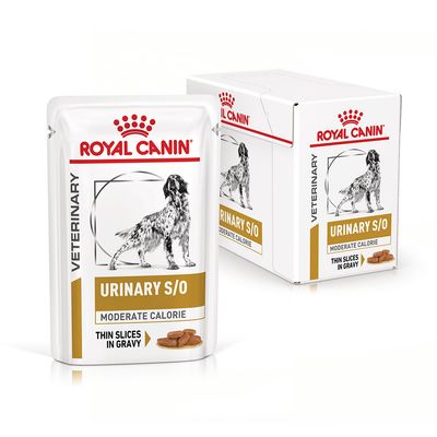 Royal Canin Veterinary Urinary S/O Moderate Calorie Thin Slices in Gravy -koiran märkäruoka, pakkaus ja annospussi näkyvissä.