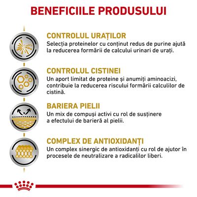 Beneficiile produsului: controlul uraților, controlul cistinei, bariera pielii, complex de antioxidanți. Text explicativ pentru fiecare beneficiu este inclus în imagine.