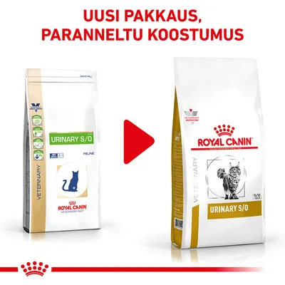 Royal Canin Urinary S/O kissanruoan vanha ja uusi pakkaus, teksti: Uusi pakkaus, paranneltu koostumus. Molemmissa pakkauksissa näkyy tuotteen nimi ja kissakuva.