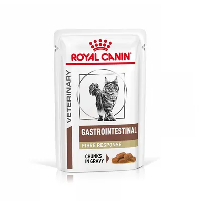 ROYAL CANIN VETERINARY GASTROINTESTINAL FIBRE RESPONSE CHUNKS IN GRAVY kapsička s obrázkem kočky na obalu