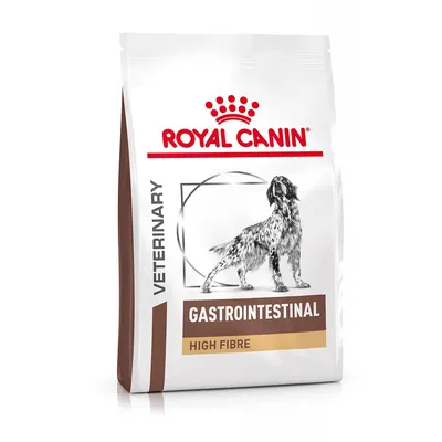 Royal Canin Veterinary Gastrointestinal High Fibre -koiranruokapakkaus, etupuolella koirakuva ja tuotteen nimi näkyvissä. Royal Canin Veterinary Gastrointestinal High Fibre -koiranruokapakkaus, etupuolella koirakuva ja tuotteen nimi näkyvissä.