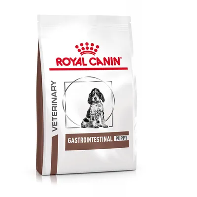 Royal Canin Veterinary Gastrointestinal Puppy -koiranruokapakkaus, etupuolella istuvan pennun kuva ja tuotteen nimi näkyvissä.