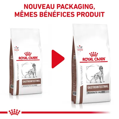 Nouveau packaging Royal Canin Gastrointestinal Moderate Calorie, mêmes bénéfices produit. Deux sacs visibles avec le texte VETERINARY NUTRITION et une flèche indiquant le changement d’emballage.