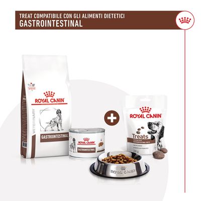 Royal Canin Gastrointestinal: sacco di crocchette, lattina umida, confezione Treats 200 g e ciotola con crocchette. Testo visibile: 'Treat compatibile con gli alimenti dietetici gastrointestinal'.